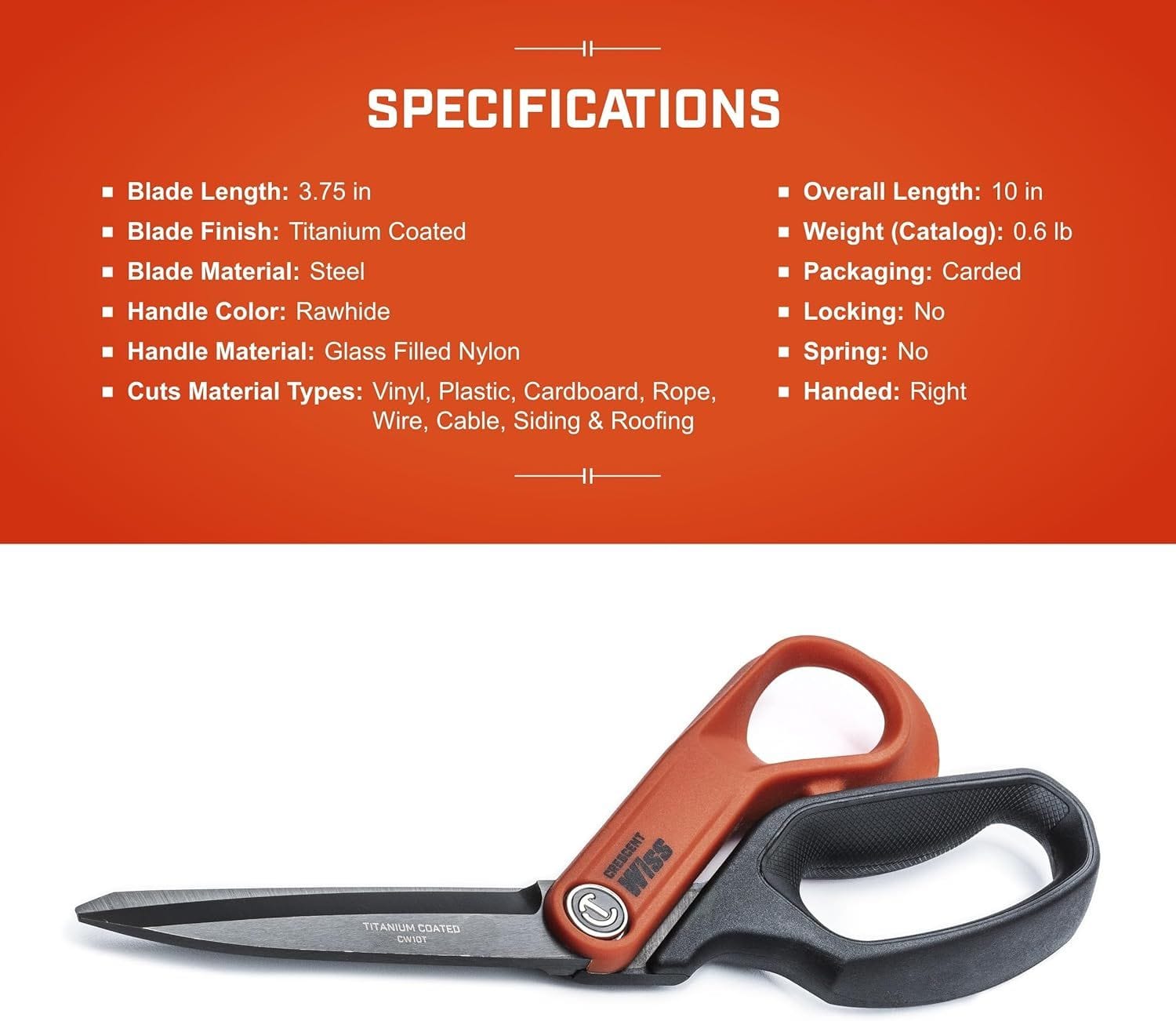 Comprehensive specification chart for the Crescent Wiss CW10T shears including blade length, material compatibility, and handle construction details for professional tradesmen.