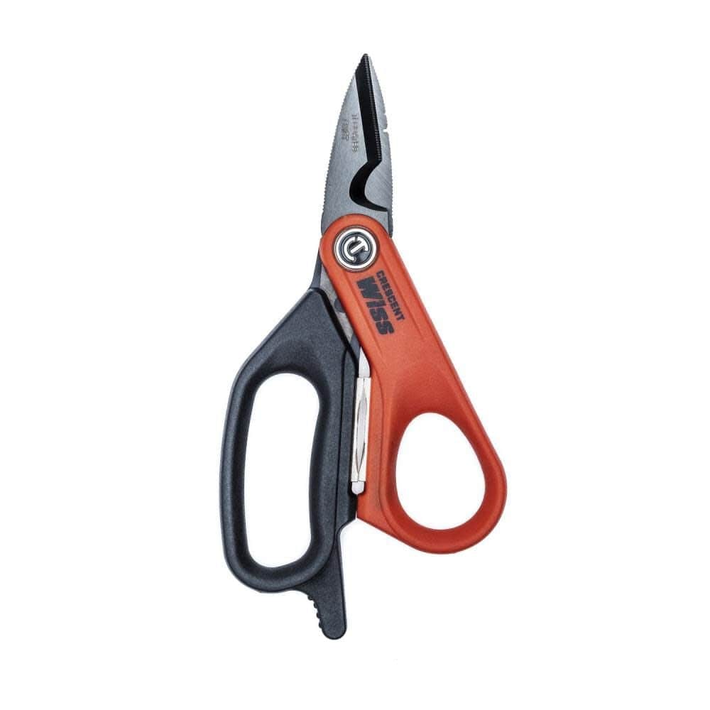 A professional studio product shot of the Crescent Wiss CW5T 6-inch electrician data shears, showcasing the titanium-coated blades and ergonomic orange and black handles.