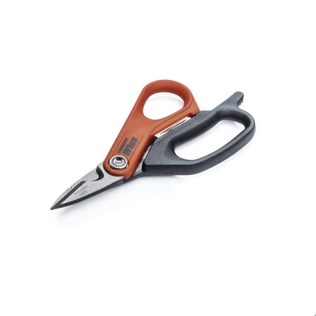 An angled perspective of the Crescent electrician scissors, highlighting the precision-ground titanium blades and the specialized cable cutter notch for industrial electrical work.