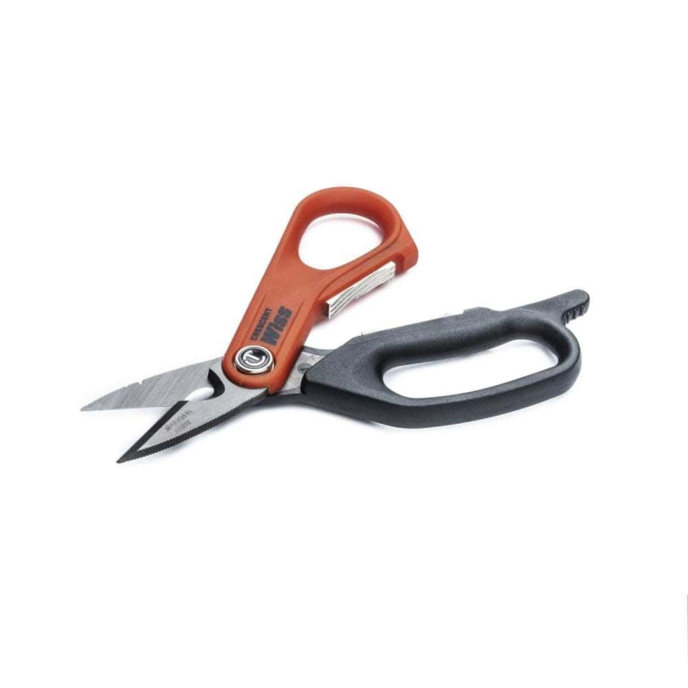 The Crescent CW5T multi-purpose shears shown partially open, demonstrating the "Grip Zone" handle feature used for tightening wire nuts and crimping low-voltage connections.