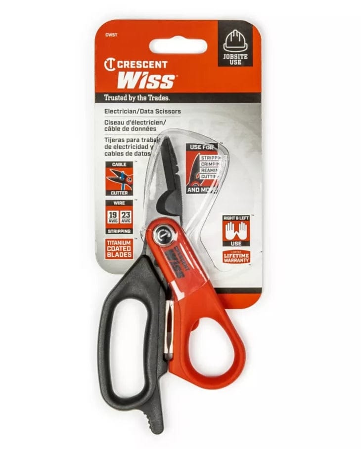 Retail hang-card packaging for the Crescent Wiss Electrician and Data Scissors, highlighting its various uses for stripping, crimping, reaming, and cutting on the jobsite.