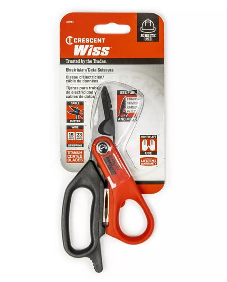 Retail hang-card packaging for the Crescent Wiss Electrician and Data Scissors, highlighting its various uses for stripping, crimping, reaming, and cutting on the jobsite.