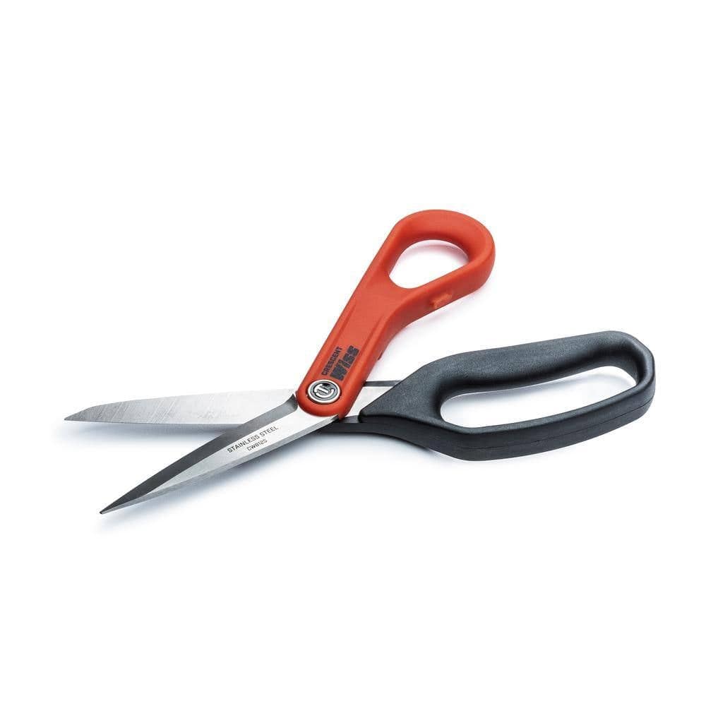 Studio view of the open tradesman shears featuring orange and black handles and stainless steel blades stamped with the model number CW812S.