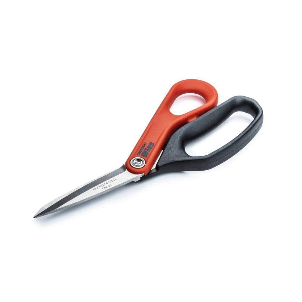 Angled perspective of the open shears on a white background, clearly showing the serrated edge on the lower blade and the ergonomic handle shape.