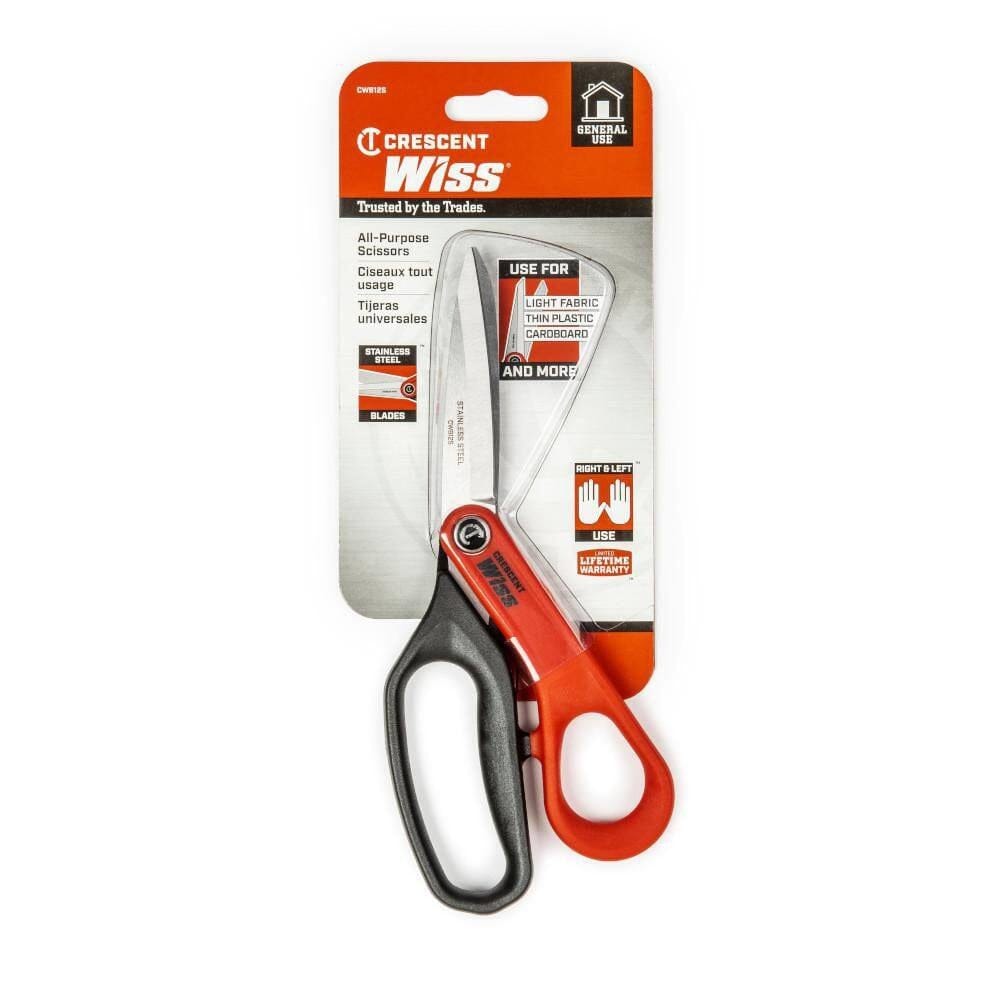 Retail packaging view showing the shears in a blister pack with text indicating "All-Purpose Scissors," "Stainless Steel Blades," and icons for "Right & Left Use" and "Lifetime Warranty".
