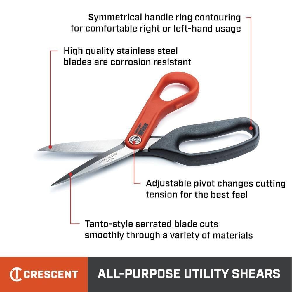 Infographic diagram of the shears with text callouts highlighting features: symmetrical handle rings, corrosion-resistant stainless steel blades, adjustable pivot, and tanto-style serrated blade.