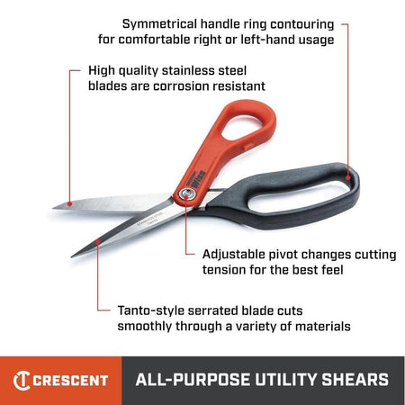 Infographic diagram of the shears with text callouts highlighting features: symmetrical handle rings, corrosion-resistant stainless steel blades, adjustable pivot, and tanto-style serrated blade.