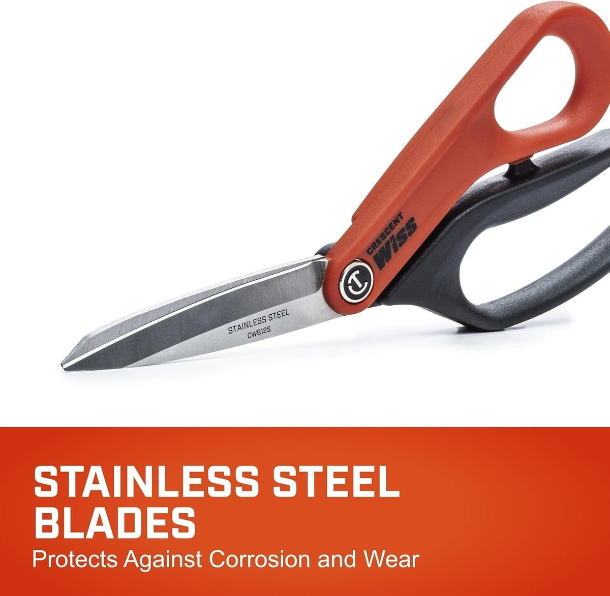 Close-up macro shot of the open blades with a red text banner at the bottom reading "STAINLESS STEEL BLADES Protects Against Corrosion and Wear".