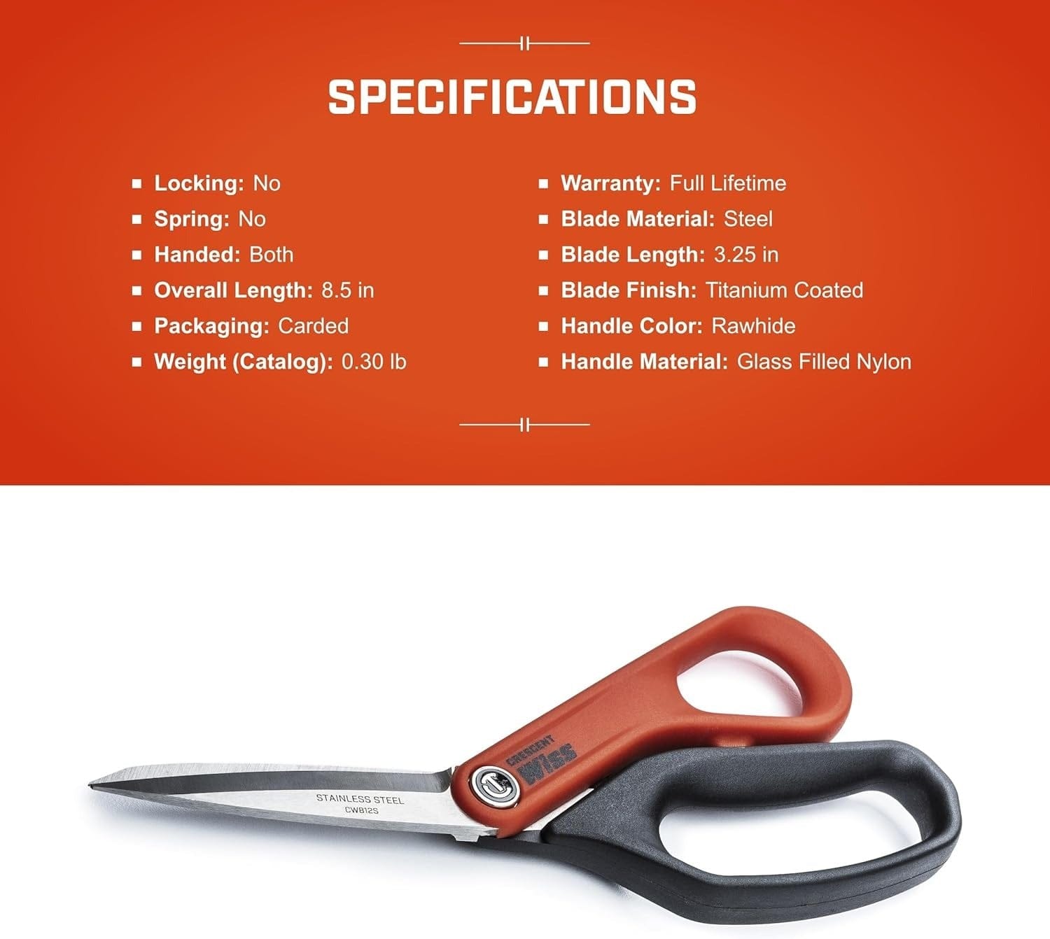 Specification sheet listing details such as "Locking: No", "Overall Length: 8.5 in", and "Blade Finish: Titanium Coated" above an image of the open shears.
