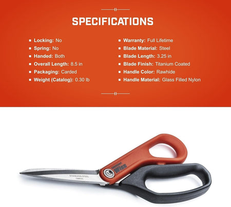 Specification sheet listing details such as "Locking: No", "Overall Length: 8.5 in", and "Blade Finish: Titanium Coated" above an image of the open shears.