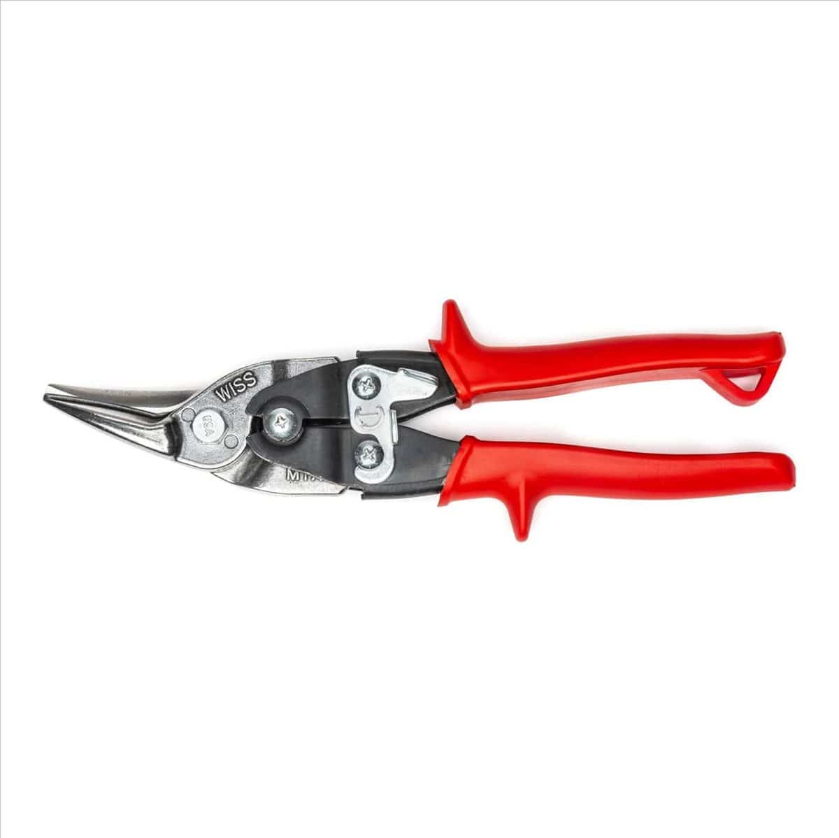 A professional profile view of the Crescent Wiss M1R MetalMaster aviation snips, featuring precision-cast serrated blades and ergonomic red non-slip handle grips designed for straight and left-curve cutting.