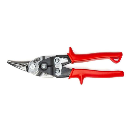A professional profile view of the Crescent Wiss M1R MetalMaster aviation snips, featuring precision-cast serrated blades and ergonomic red non-slip handle grips designed for straight and left-curve cutting.