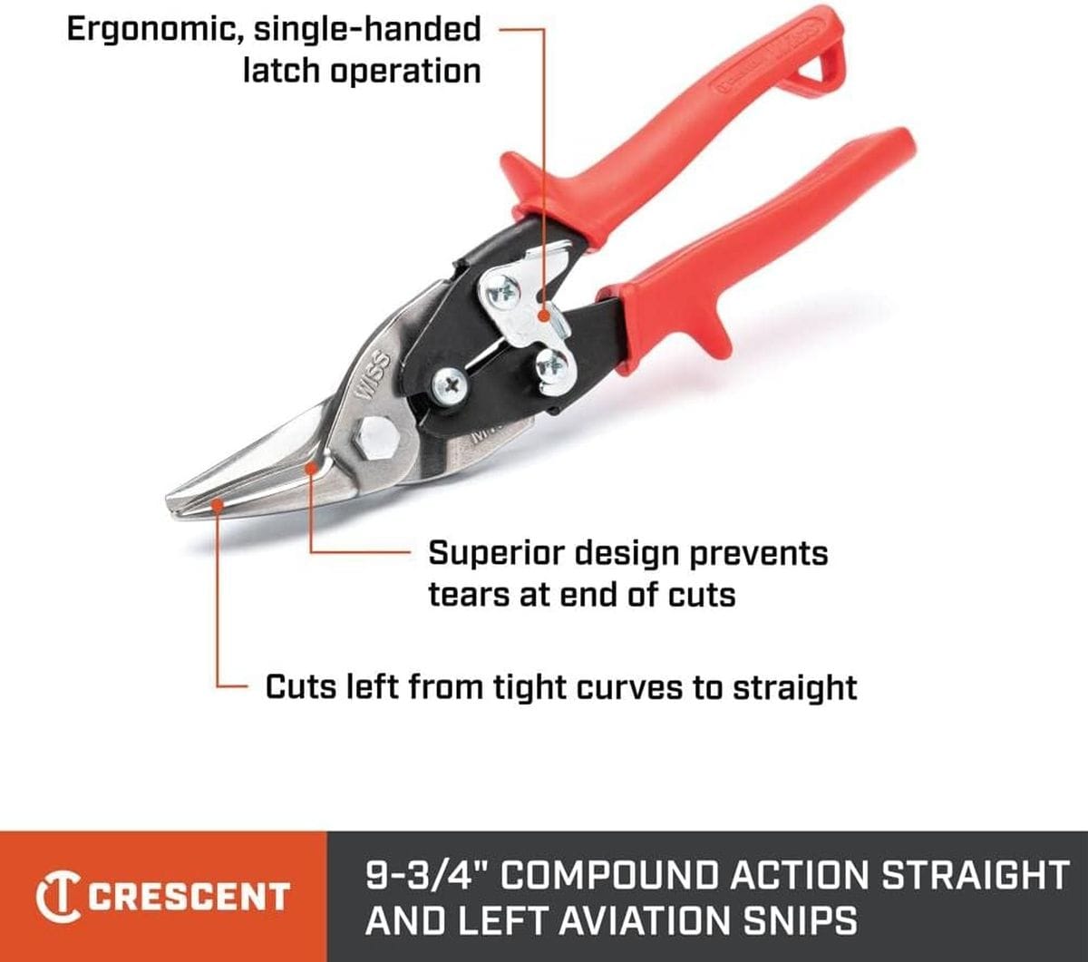 An instructional product graphic highlighting the key features of the 9-3/4 inch compound action snips, including the ergonomic single-handed latch operation and a superior blade design that prevents material tears at the end of cuts.