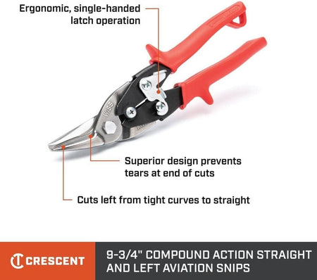 An instructional product graphic highlighting the key features of the 9-3/4 inch compound action snips, including the ergonomic single-handed latch operation and a superior blade design that prevents material tears at the end of cuts.