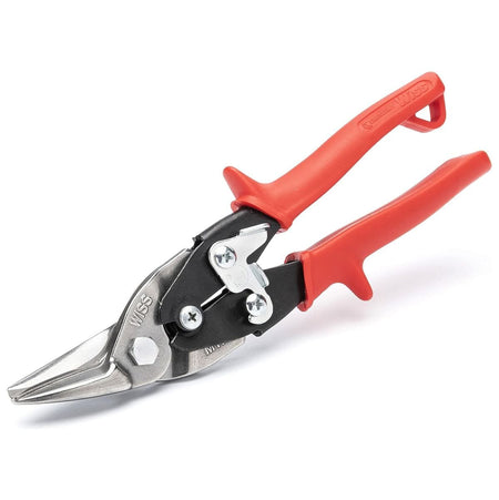 A perspective view of the Crescent Wiss aviation snips showcasing the high-strength molybdenum steel construction and the industrial spring-action return mechanism for effortless metal feeding.