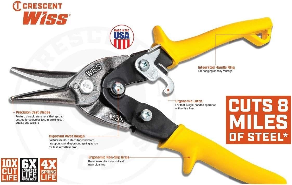 A comprehensive feature infographic for Crescent Wiss snips, noting a 10x cut life, 4x spring life, and 6x pivot bolt life, with a primary callout stating the tool is capable of cutting over 8 miles of steel.