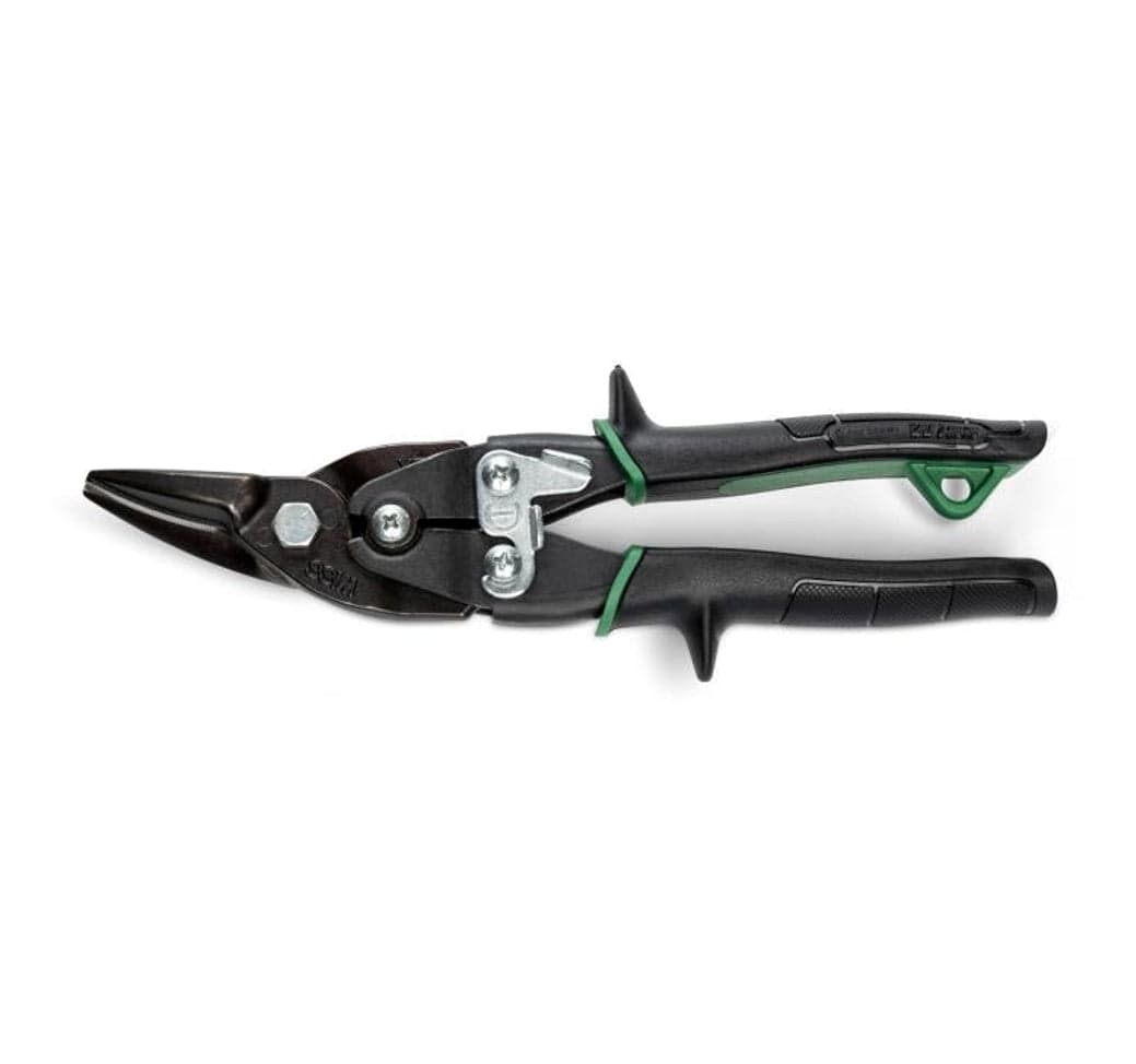 Flat profile view of the Crescent Wiss M2P 9.75 inch compound action straight and right cut aviation snips in the locked position, showcasing the complete heavy-duty HVAC hand tool.