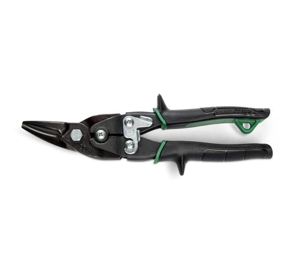 Flat profile view of the Crescent Wiss M2P 9.75 inch compound action straight and right cut aviation snips in the locked position, showcasing the complete heavy-duty HVAC hand tool.