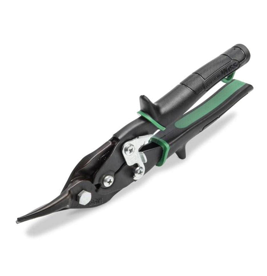 Angled profile of the Crescent Wiss M2P 9.75 inch compound action aviation snips in the closed position, featuring black and green ergonomic handles and black oxide blades for HVAC sheet metal cutting.