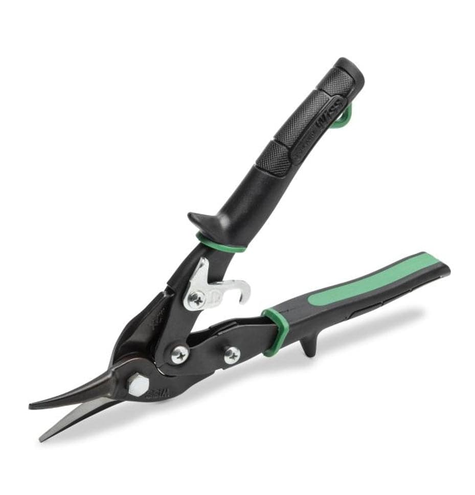 Angled view of the open Crescent Wiss M2P straight and right cut aviation snips, displaying the spring-action handles and heavy-duty pivot bolts designed for professional tin cutting.