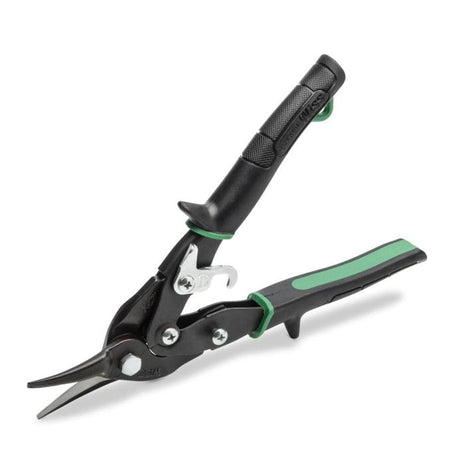 Angled view of the open Crescent Wiss M2P straight and right cut aviation snips, displaying the spring-action handles and heavy-duty pivot bolts designed for professional tin cutting.
