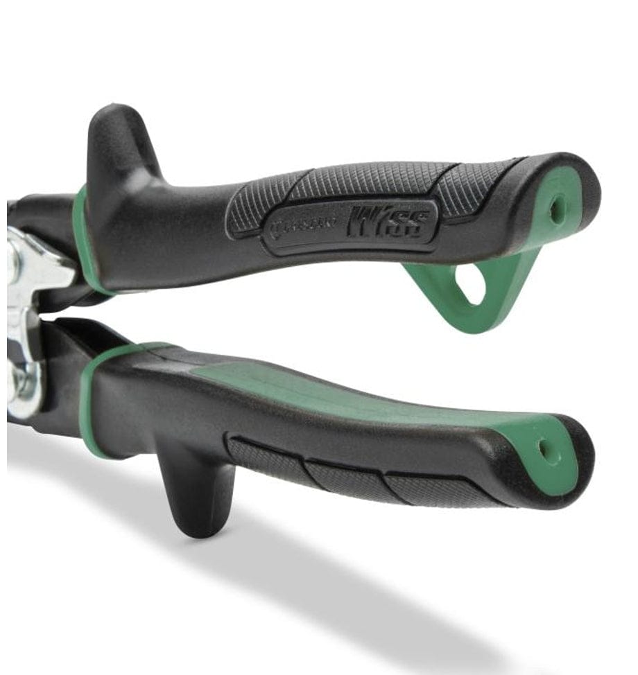 Close-up of the Crescent Wiss M2P aviation snips handles, highlighting the non-slip ergonomic grips and built-in green hang hole for convenient tool belt or pegboard storage.