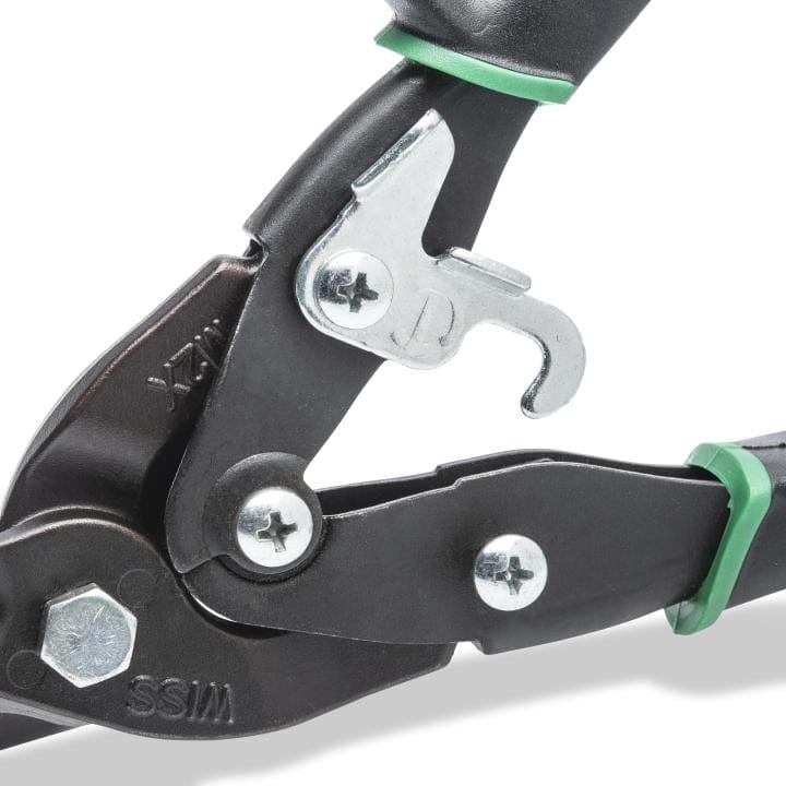 Detailed view of the single-handed latch mechanism securely engaged on the Crescent Wiss M2P sheet metal snips, showing the sturdy lock and durable pivot bolt hardware.