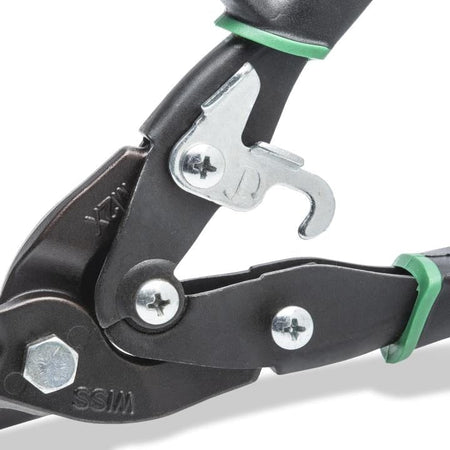 Detailed view of the single-handed latch mechanism securely engaged on the Crescent Wiss M2P sheet metal snips, showing the sturdy lock and durable pivot bolt hardware.