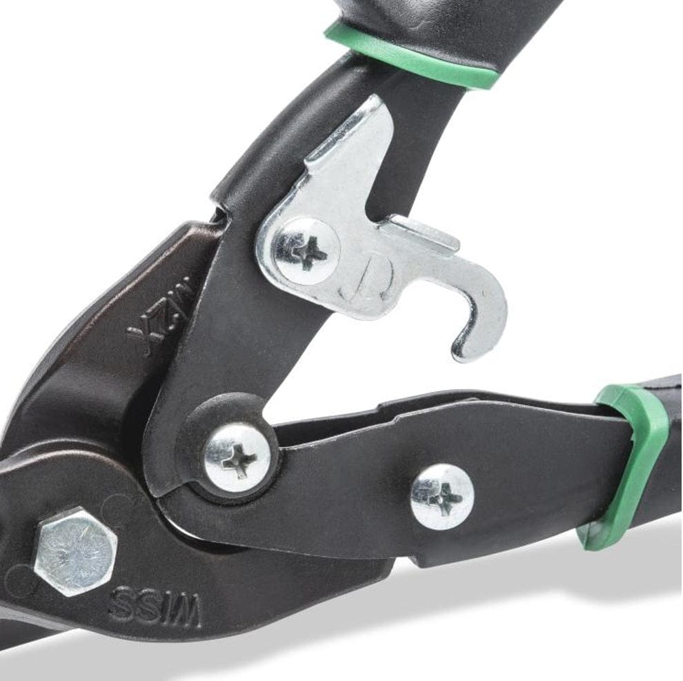 Close-up of the disengaged single-handed latch on the Crescent Wiss M2P 9.75 inch aviation snips, ready for straight and right cutting action on HVAC ductwork.