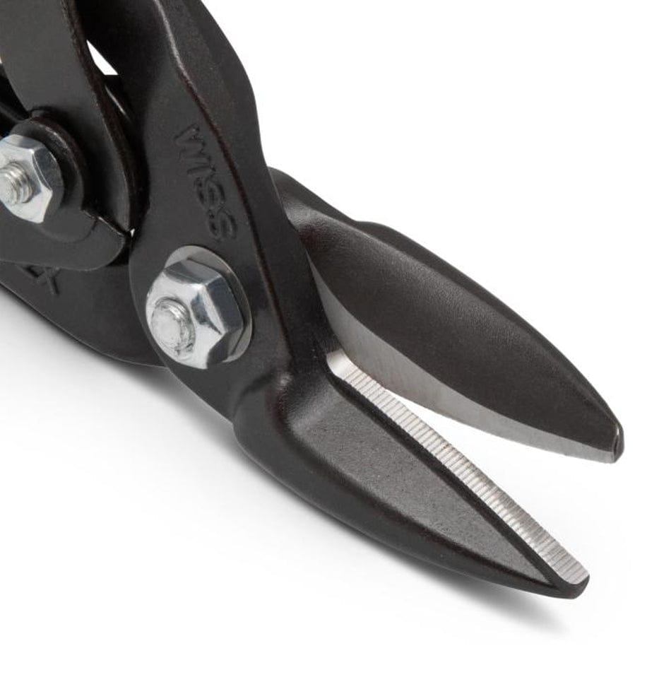 Close-up of the precision serrated blades on the Crescent Wiss M2P compound action aviation snips, coated with a black oxide finish to resist rust while cutting up to 18-gauge metal.