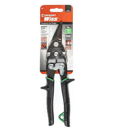 Retail packaging for the Crescent Wiss M2P straight and right cut aviation snips, displaying key professional features like 18-gauge cutting capacity and a 10X longer cut life.
