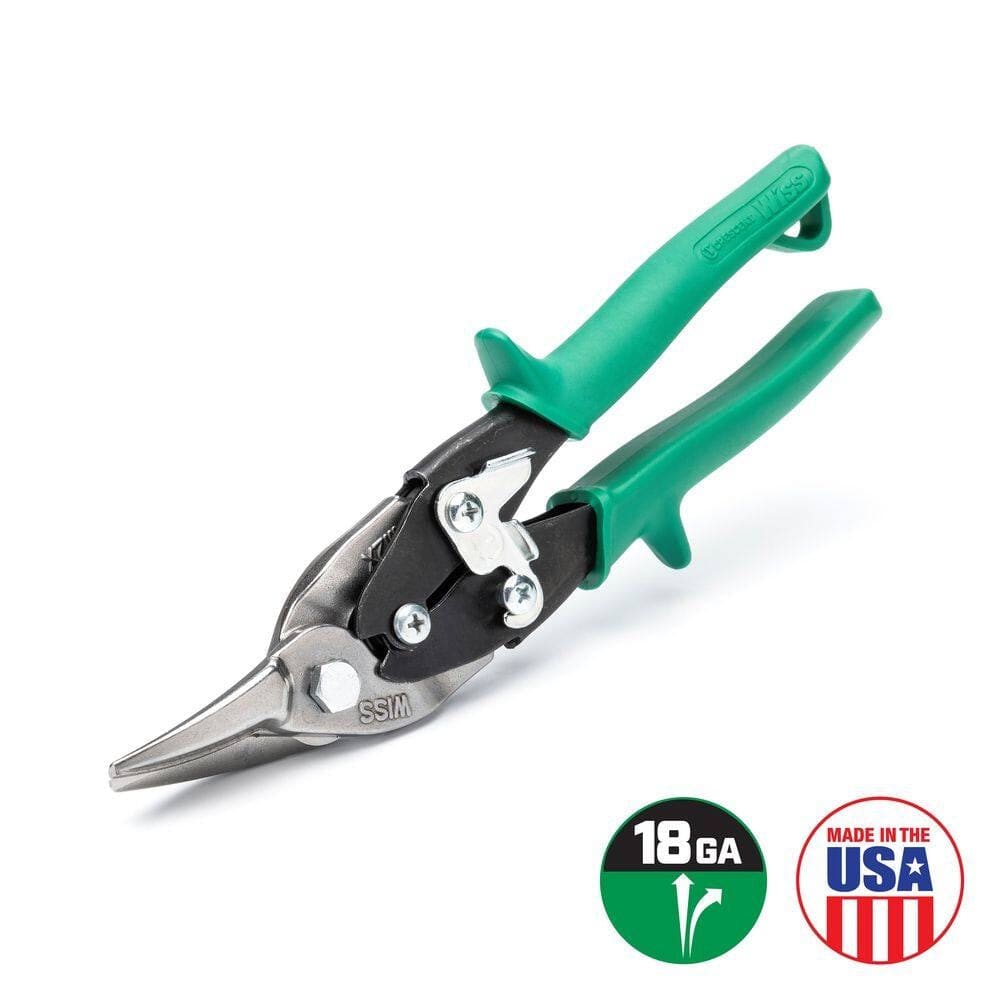 Studio view of Crescent Wiss M2R green-handled aviation snips designed for right and straight cuts, shown slightly open against a white background with graphics indicating 18 gauge capacity and Made in the USA.
