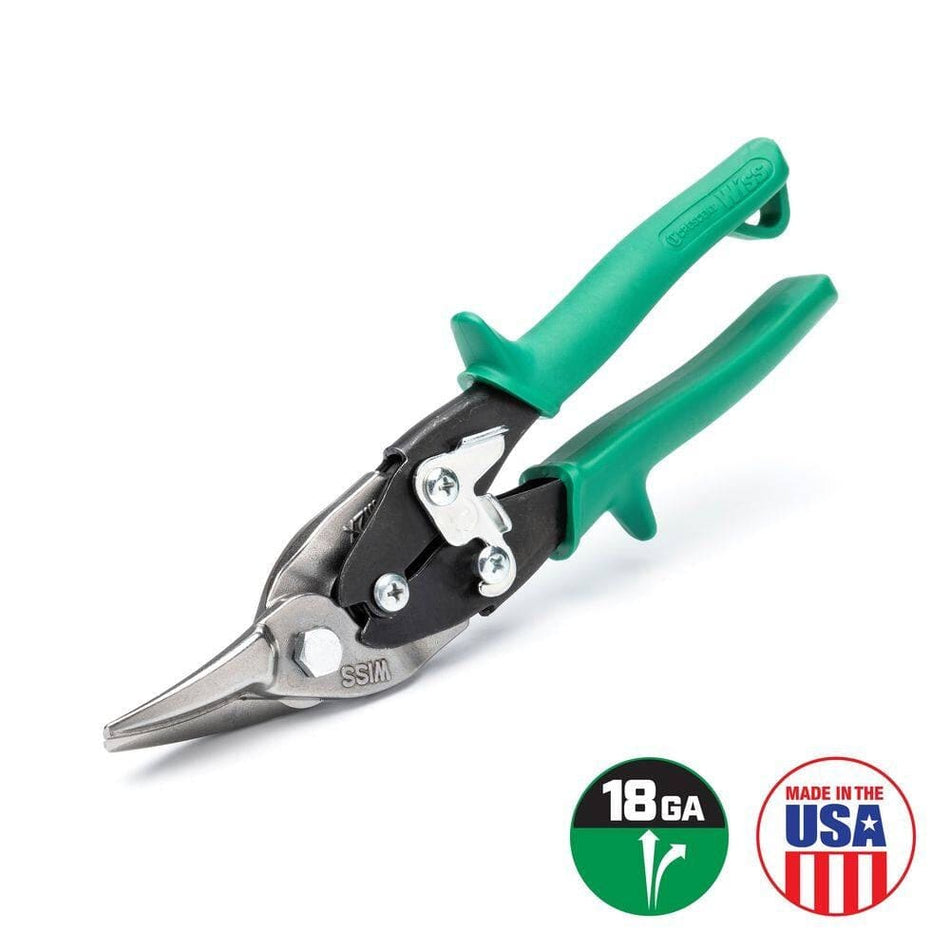 Studio view of Crescent Wiss M2R green-handled aviation snips designed for right and straight cuts, shown slightly open against a white background with graphics indicating 18 gauge capacity and Made in the USA.