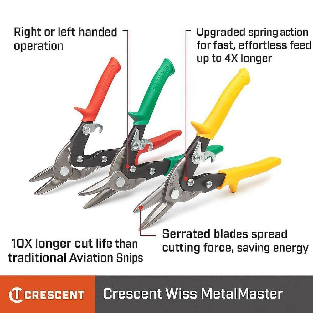 Infographic comparing red, green, and yellow Crescent Wiss MetalMaster snips, highlighting features with text labels: Right or left handed operation; Upgraded spring action for fast, effortless feed up to 4X longer; 10X longer cut life than traditional Aviation Snips; and Serrated blades spread cutting force, saving energy.