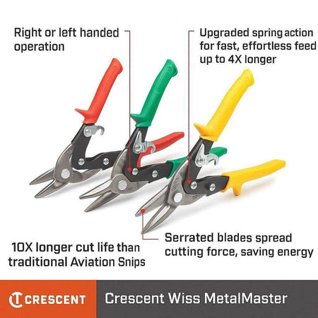 Infographic comparing red, green, and yellow Crescent Wiss MetalMaster snips, highlighting features with text labels: Right or left handed operation; Upgraded spring action for fast, effortless feed up to 4X longer; 10X longer cut life than traditional Aviation Snips; and Serrated blades spread cutting force, saving energy.