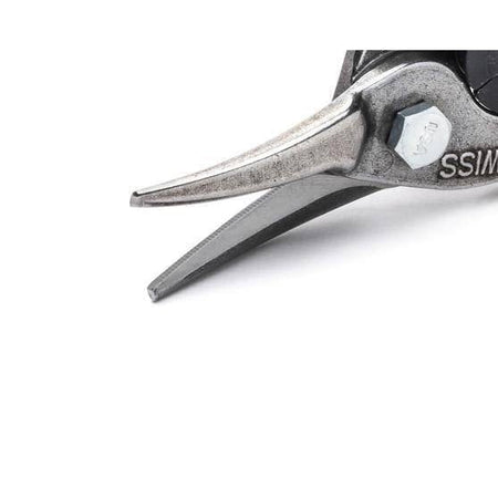Close-up view of the metal jaw blades of the snips, showing the durable steel texture, a bolt stamped with USA, and WISS embossed near the pivot point.