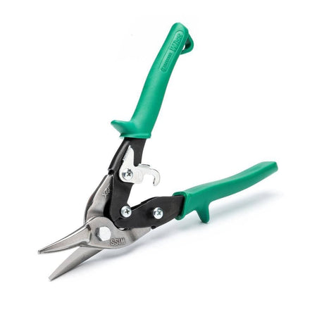 Full studio view of the Crescent Wiss M2R green-handled aviation snips shown with the jaws completely open against a plain white background.