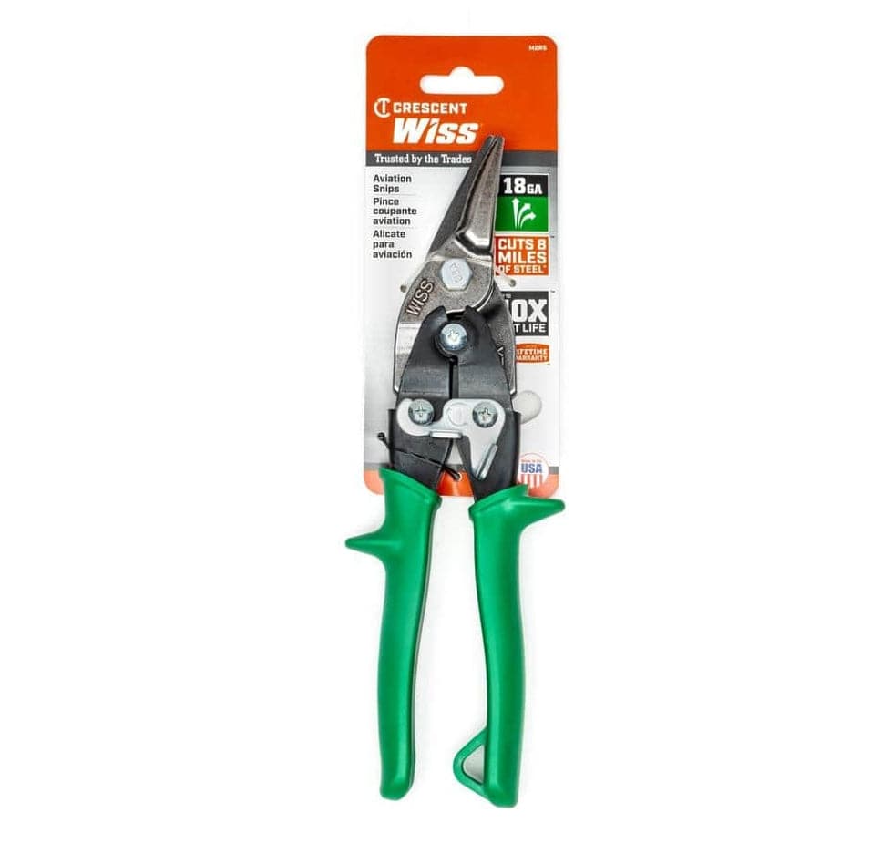 Crescent Wiss M2R aviation snips packaged on a retail hanging card, featuring marketing text that reads Trusted by the Trades, 18GA capacity, Cuts 8 Miles of Steel, 10X Cut Life, Lifetime Warranty, and Made in the USA.