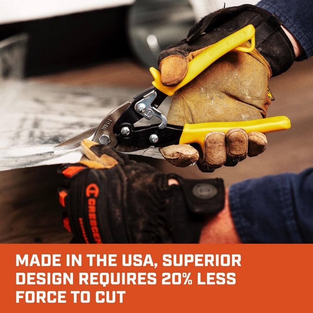 Action shot of a gloved user cutting sheet metal with Crescent Wiss aviation snips, accompanied by an orange text banner stating MADE IN THE USA, SUPERIOR DESIGN REQUIRES 20% LESS FORCE TO CUT.