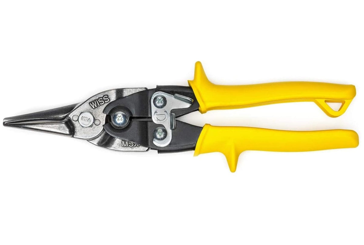 A professional studio profile view of the Crescent Wiss M3R 9-3/4 inch MetalMaster aviation snips, featuring precision-cast molybdenum blades and high-visibility yellow non-slip handles, shown against a clean white background.