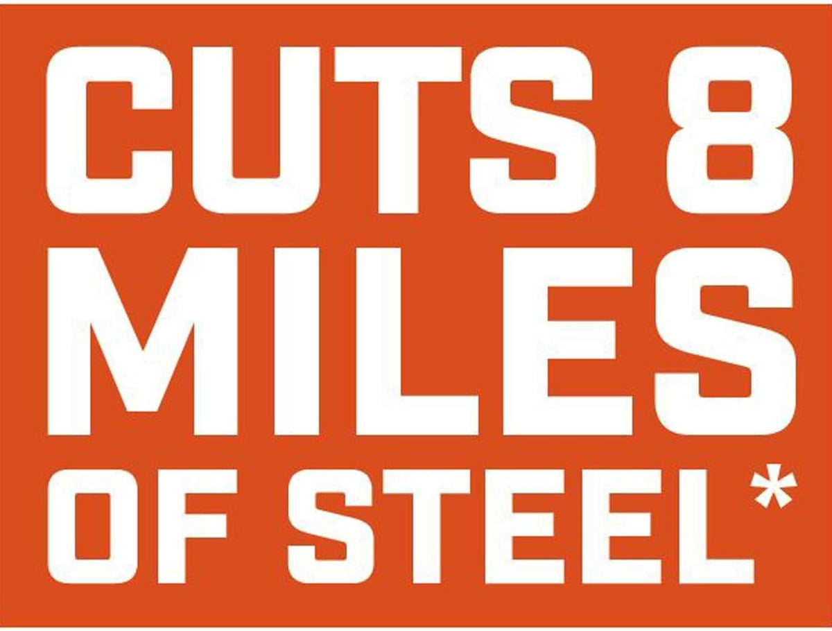 A high-impact marketing graphic with bold white text stating cuts 8 miles of steel against a bright orange background, highlighting the industrial-grade durability and long service life of the Crescent Wiss snips.