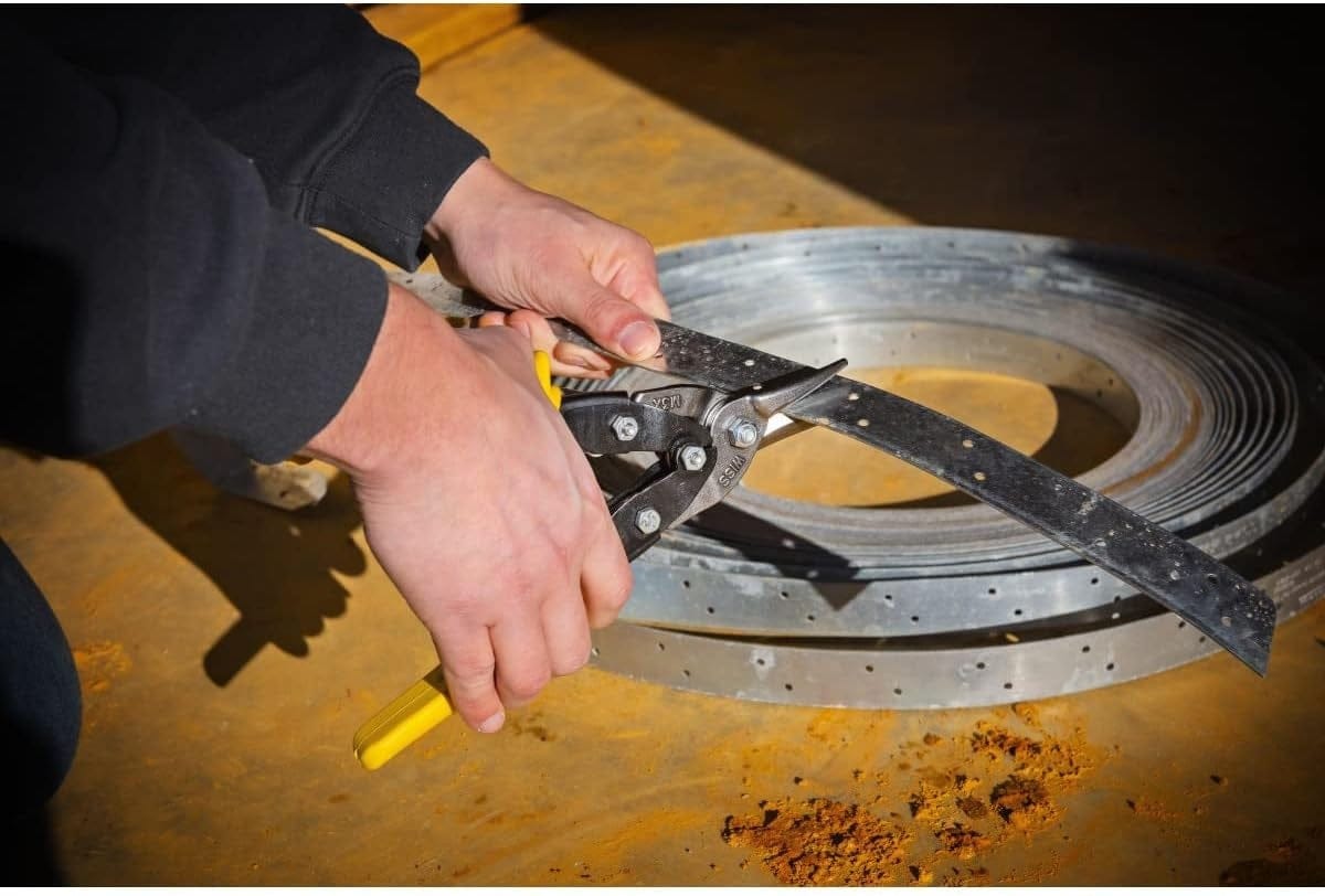 An informational graphic with a water droplet icon and bold white text stating corrosion resistant finish, highlighting the durable protective coating on the precision molybdenum blades of the Wiss aviation snips.