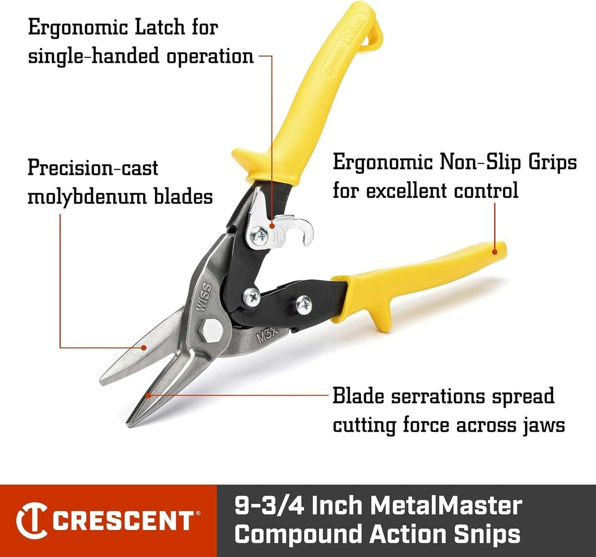 An informational feature callout diagram for the Crescent Wiss M3R aviation snips, highlighting the precision-cast molybdenum blades, ergonomic single-handed latch operation, non-slip handles for control, and serrated blades designed to spread cutting force.