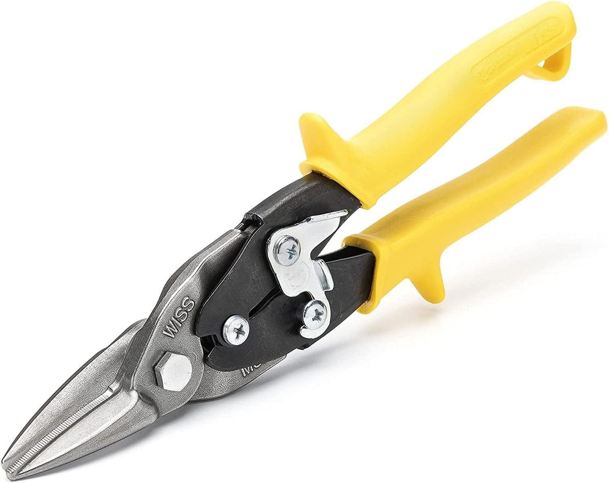 A detailed angled view of the Crescent Wiss MetalMaster compound action snips, showcasing the durable forged blade construction, the integrated spring-action mechanism, and the professional-grade pivot bolt.