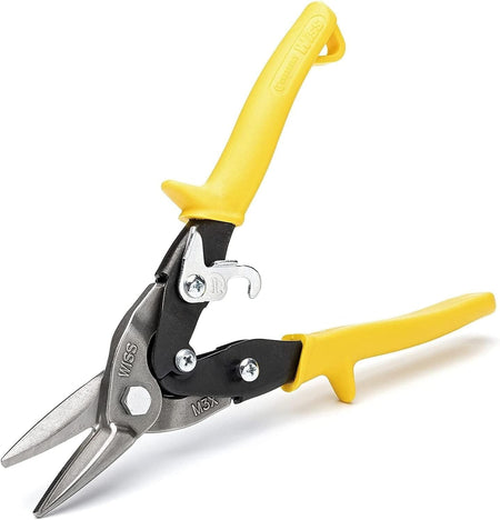 A profile shot of the Wiss M3R aviation snips in an open position, emphasizing the high-leverage compound action design and the ergonomic latch in the unlocked position for immediate cutting.