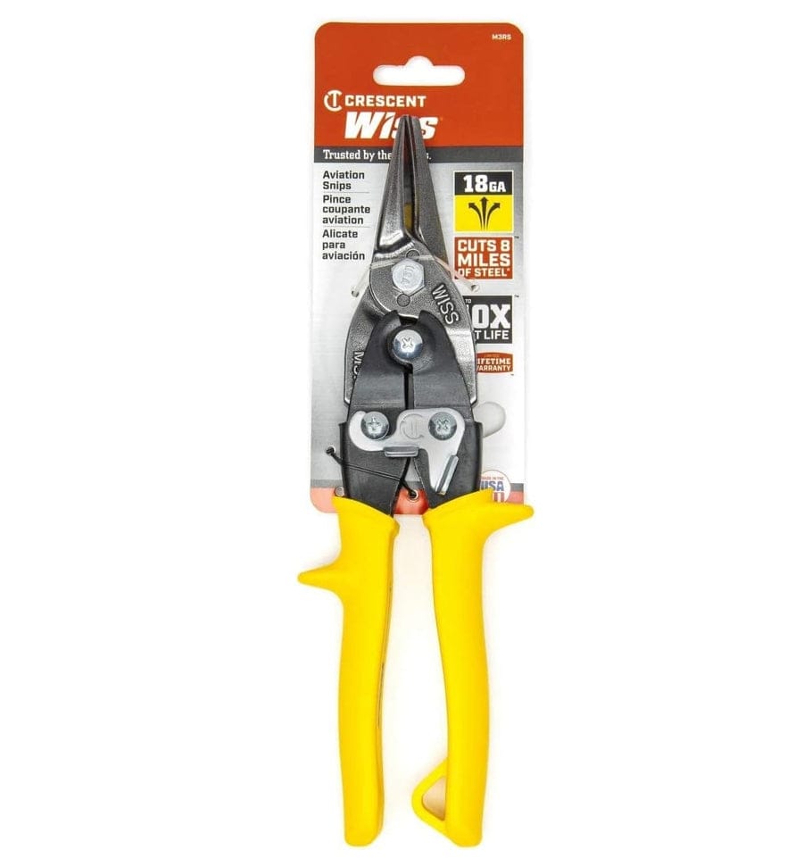 The Crescent Wiss M3R 9-3/4 inch compound action aviation snips secured in their original red and white retail carded packaging, emphasizing the 18-gauge cutting capacity and the ability to cut up to 8 miles of steel.