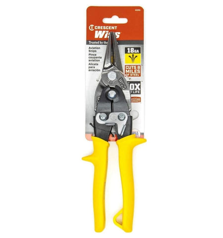 The Crescent Wiss M3R 9-3/4 inch compound action aviation snips secured in their original red and white retail carded packaging, emphasizing the 18-gauge cutting capacity and the ability to cut up to 8 miles of steel.
