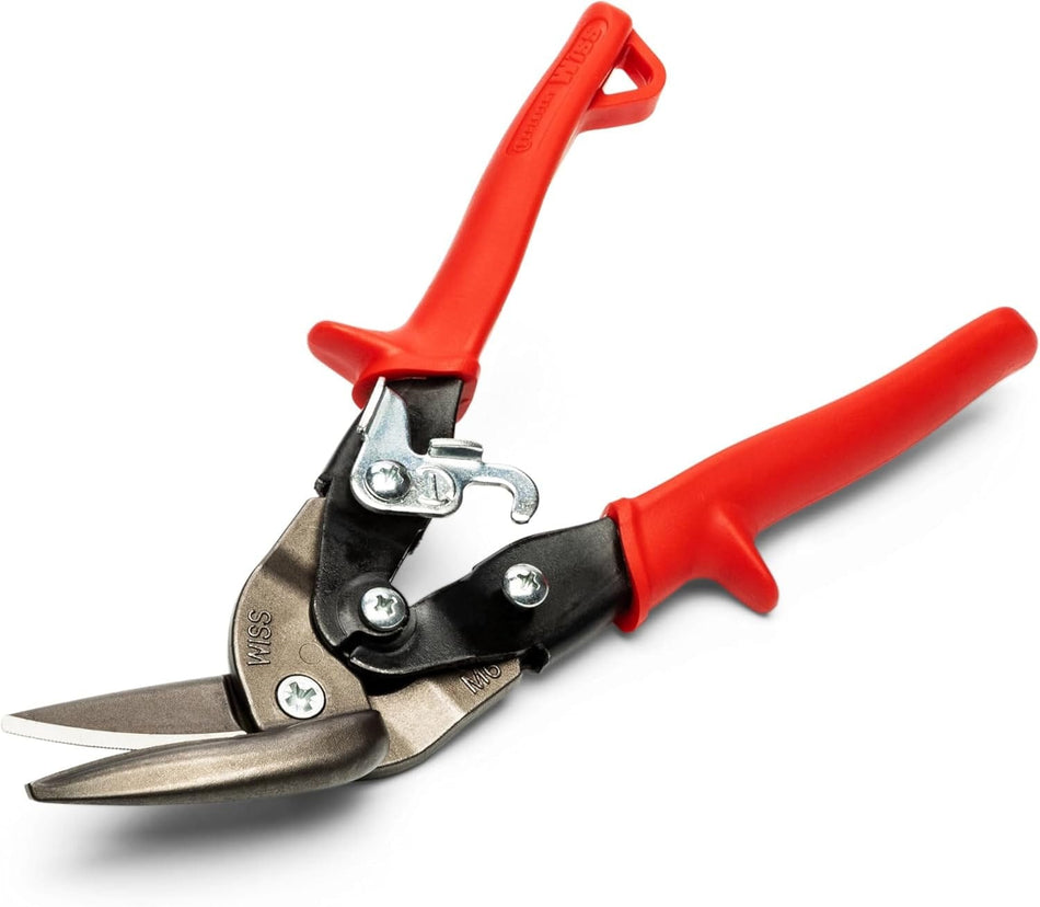 A professional studio profile shot of the Crescent Wiss M6R 9-1/4 inch MetalMaster offset aviation snips featuring precision-cast molybdenum blades and high-visibility red non-slip handles, displayed against a clean white background.