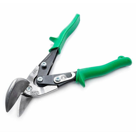 The Crescent Wiss M7R metal cutting snips shown in an open position, highlighting the heavy-duty pivot bolt construction and the CNC-serrated blade edges that provide a secure grip on 18-gauge low carbon steel.