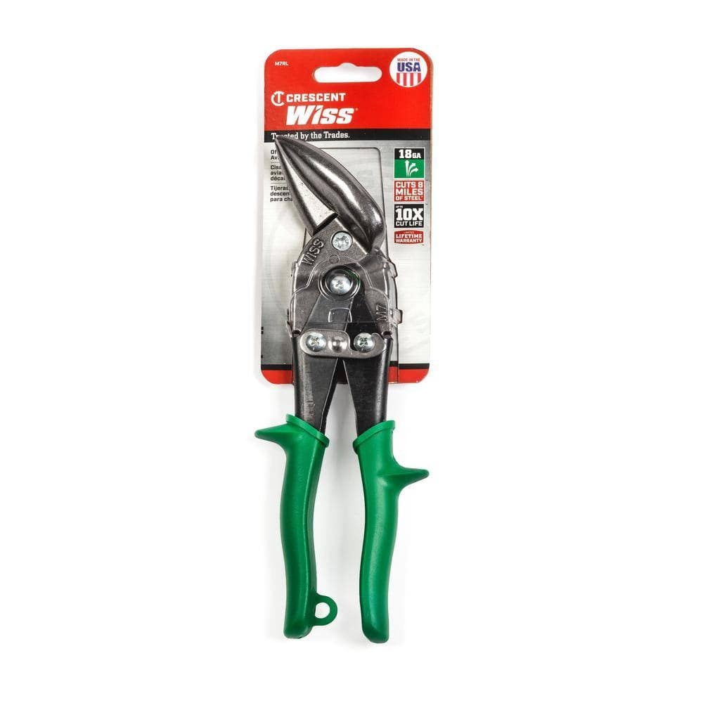 The original retail carded packaging for the Crescent Wiss M7R MetalMaster aviation snips, emphasizing the "Made in the USA" badge and the tool's 10x cut life rating and 18-gauge cutting capacity.